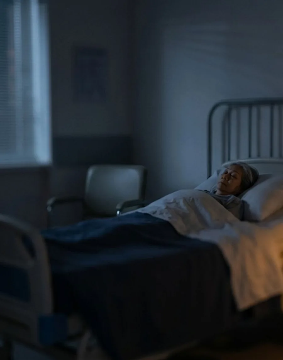 A ward at night. At this hour nobody is beside the bed.